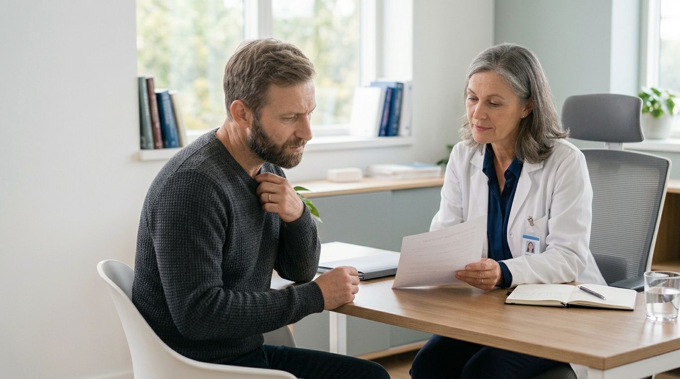 Лечение зависимости от мефедрона Врач обсуждает с пациентом результаты обследования в кабинете